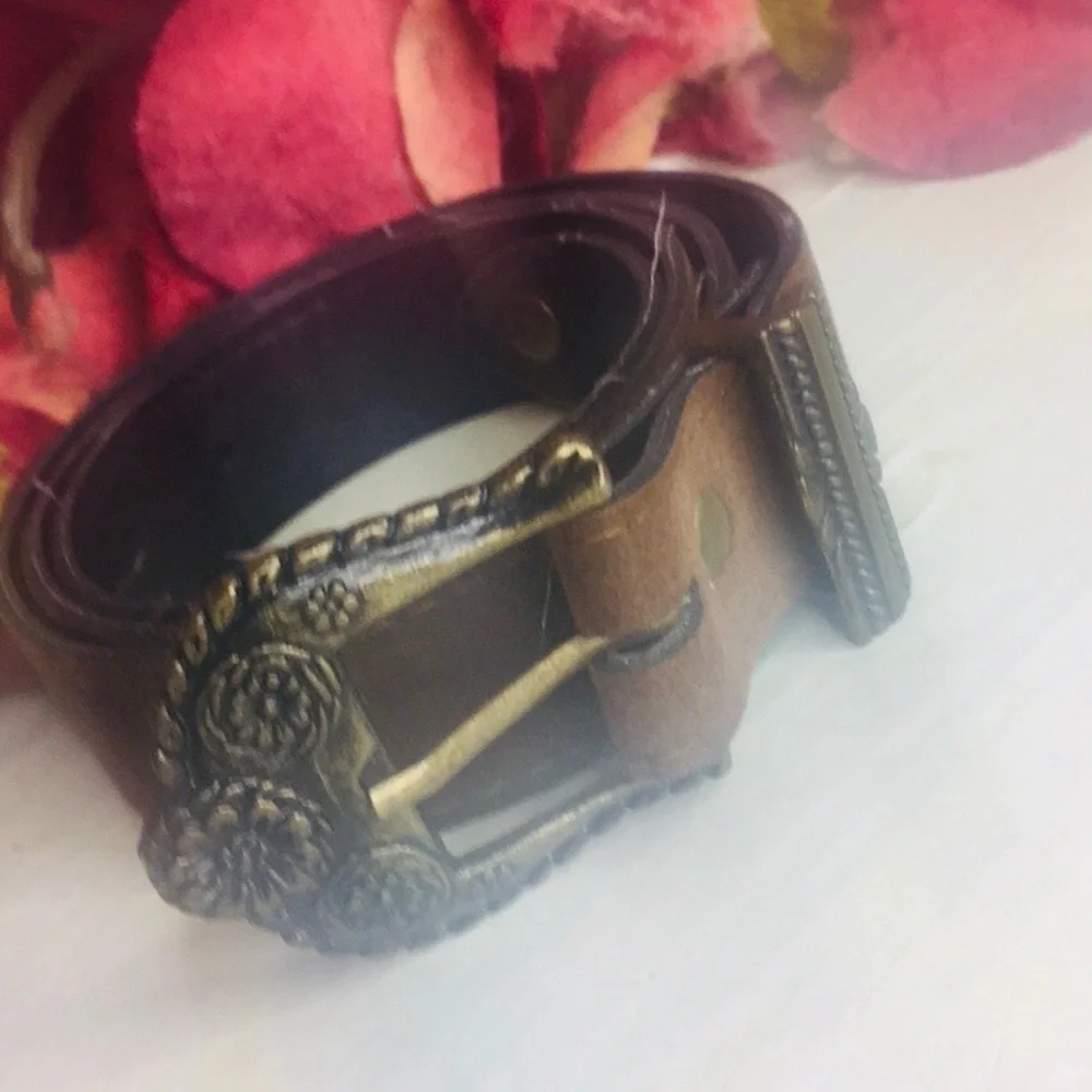 Brown Suede Leather Western Style Belt with Floral Brass Buckle